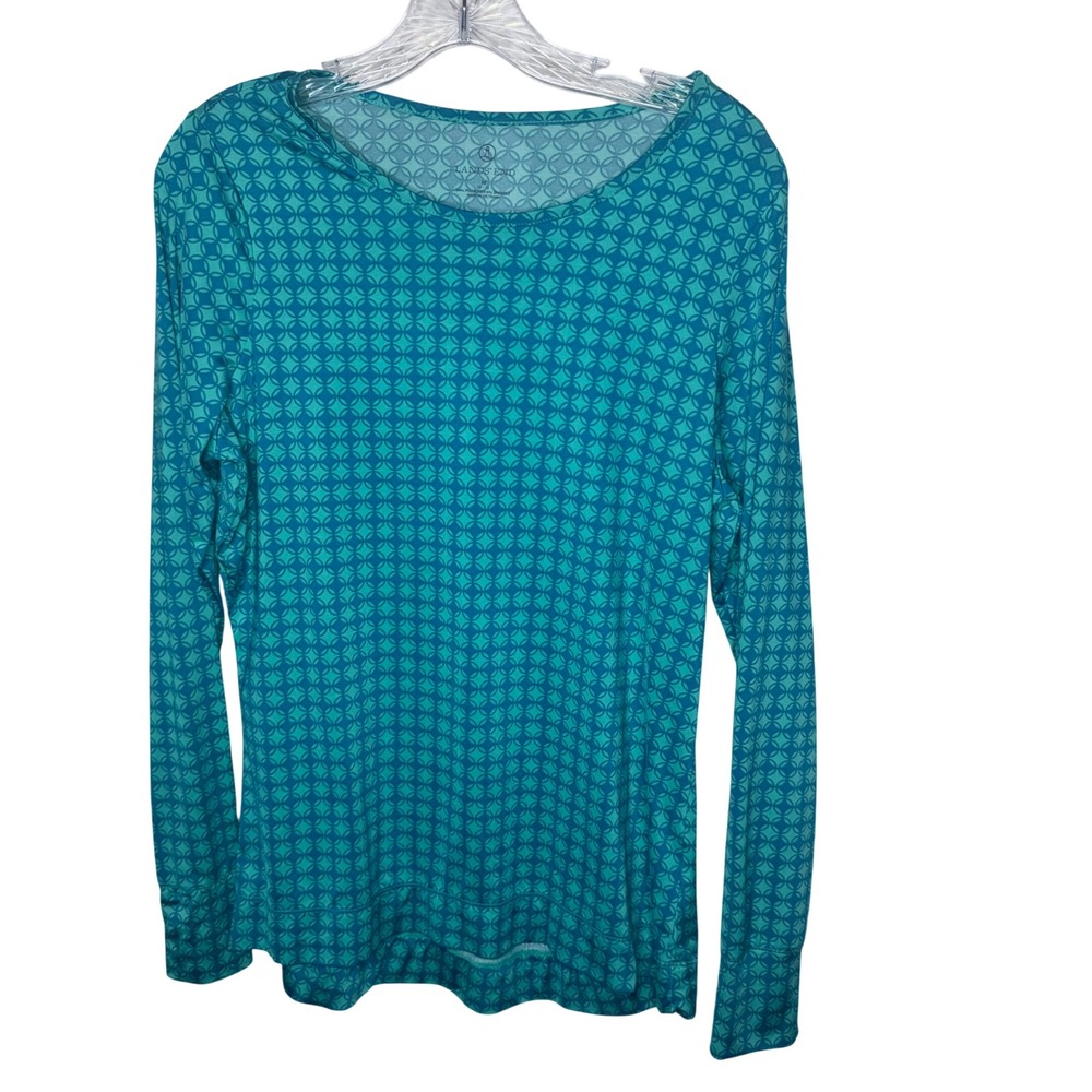 Lands End Women's Teal Geometric Pattern Long Sleeve Top Shirt Size M 10/12